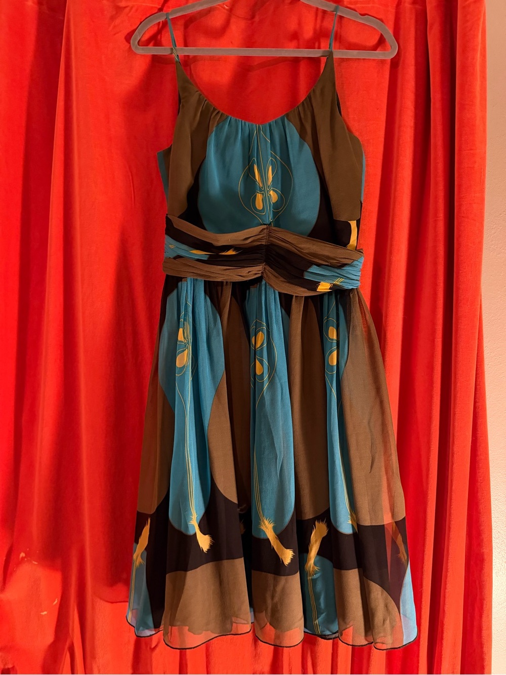Anna Sui beautiful Teal, Black, brown silk Floral Midi Dress - Picture 2 of 5